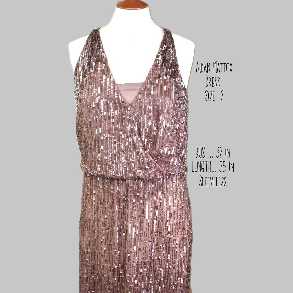 Aidan Mattox Dress 2 Tan Beeds Sequence Lined Sleeveless V CUT Front Bin 7